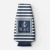 Navy-blauwe streep scheepsanker monogram flesjeskoeler (Voorkant)