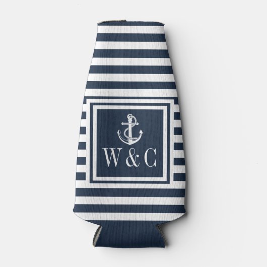 Navy-blauwe streep scheepsanker monogram flesjeskoeler (Voorkant)