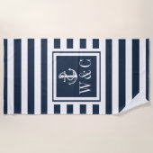 Navy Blauwe Streep Scheepsanker Monogram Strandlaken (Voorkant)