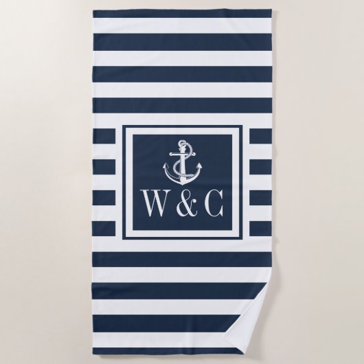 Navy Blauwe Streep Scheepsanker Monogram Strandlaken (Voorkant)