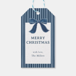 Navy Blauwe Streep Strik Kerst Cadeautags  Cadeaulabel
