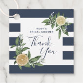 Navy Blauwe Streep Waterverf Citroen Bruiloft In Bedankjes Labels (Voorkant)