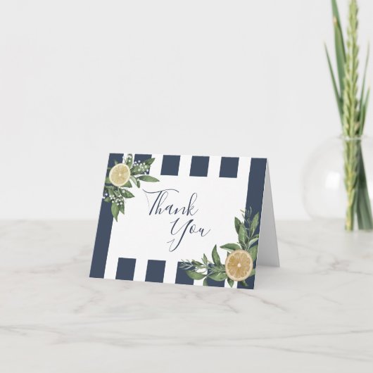 Navy Blauwe Streep Waterverf Citroen Vouw Bedankkaart (Voorkant)