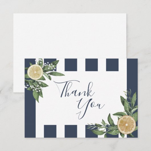 Navy Blauwe Streep Waterverf Citroen Vrucht Bedankkaart (Voorkant / Achterkant)