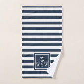 Navy Blauwe Streep Zeeanker Monogram Beginletters Bad Handdoek (Handdoek)