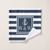 Navy Blauwe Streep Zeeanker Monogram Beginletters Bad Handdoek (Wasdoekje)