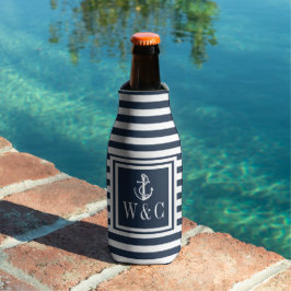 Navy Blauwe Streep Zeeanker Monogram Flesjeskoeler