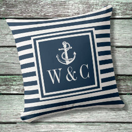 Navy Blauwe Streep Zeeanker Monogram Kussen