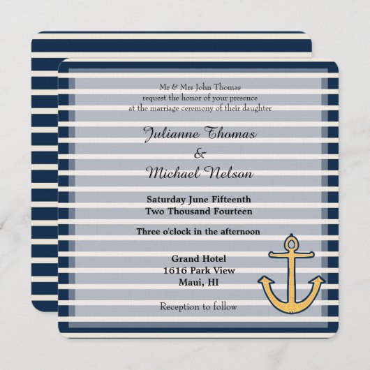 Navy Blauwe Strepen Anker Bruiloft Kaart (Voorkant / Achterkant)