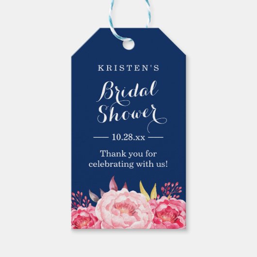 Navy Blauwe Strepen Bloemachtige Bruiloftsborrel B Cadeaulabel (Voorkant)