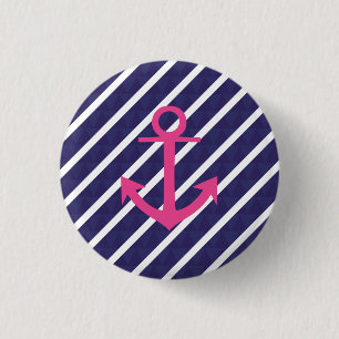 Navy blauwe strepen en hete roze anker ontwerp ronde button 3,2 cm