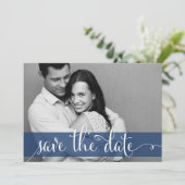 Navy Blauwe Strepen Save the Date Foto Aankondigin (Staand voorkant)