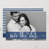 Navy Blauwe Strepen Save the Date Foto Aankondigin (Voorkant / Achterkant)