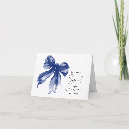 Navy Blauwe Strik Coquette Script Sweet 16 Bedankt (Voorkant)