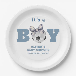 Navy Blauwe Strik Voetbal Sport Jongen Baby Borrel Papieren Bordje