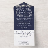 Navy Blauwe String Lights Blauw Trouwblad All In One Uitnodiging (Binnen)