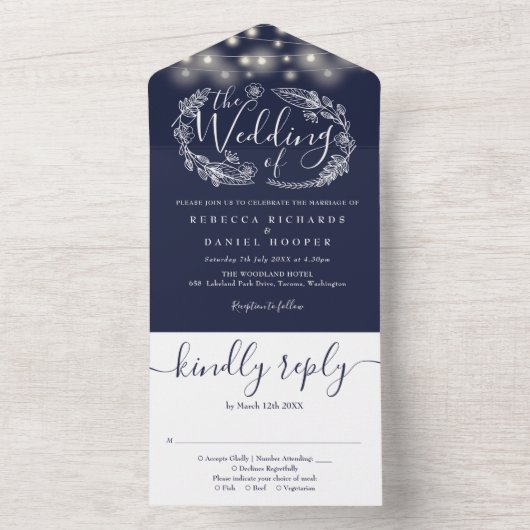Navy Blauwe String Lights Blauw Trouwblad All In One Uitnodiging (Binnen)