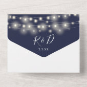 Navy Blauwe String Lights Blauw Trouwblad All In One Uitnodiging (Achterkant)