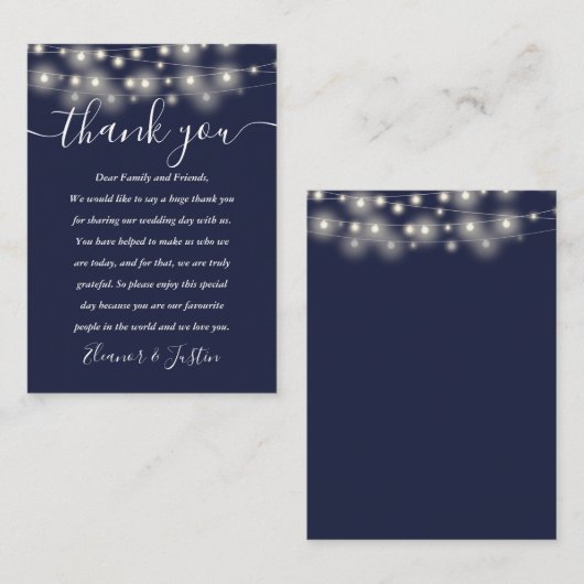Navy Blauwe String Lights Bruiloft Dank u Plaats Plaatskaartje (Voorkant / Achterkant)