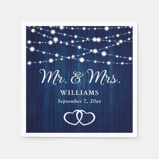 Navy Blauwe String Lights Harten Rustieke Houten B Servet (Voorkant)