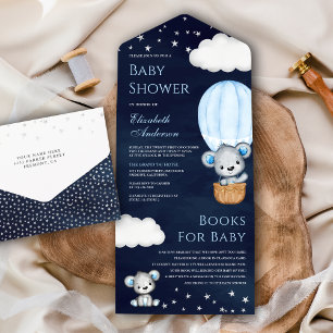 Navy Blauwe Teddyshirt Beer Heet Lucht Ballon Baby All In One Uitnodiging