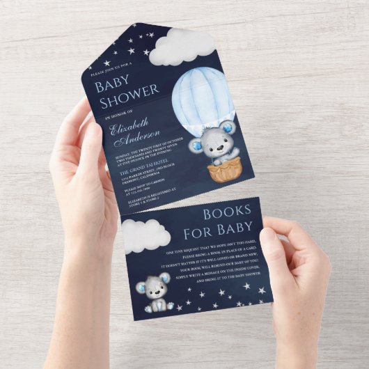 Navy Blauwe Teddyshirt Beer Heet Lucht Ballon Baby All In One Uitnodiging (Afscheurbaar)