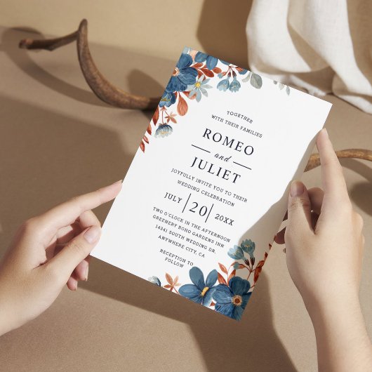 Navy Blauwe Terracotta Bloem Boho Bruiloft Kaart