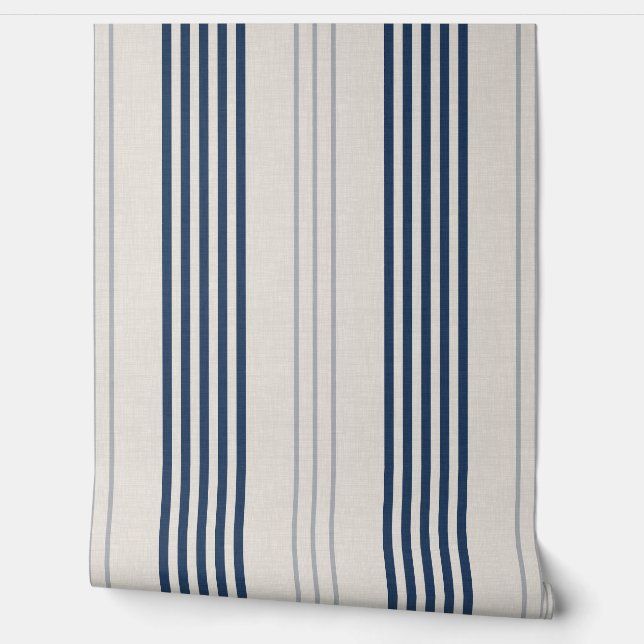 Navy Blauwe Ticking Streep Linnen Textuur Behang (Afrollen)