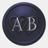 Navy Blauwe Twee Hartjes Zilveren Monogram Trouw 2 Ronde Sticker (Voorkant)