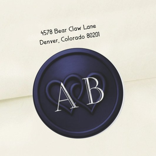 Navy Blauwe Twee Hartjes Zilveren Monogram Trouw 2 Ronde Sticker
