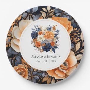 Navy Blauwe, Verbrande Oranje & Champagne Bloemige Papieren Bordje
