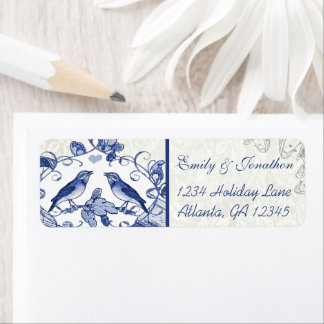 Navy Blauwe Vintage Liefdesvogels Eikenboom Eikel Etiket