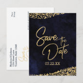Navy Blauwe Waterverf & Gouden Bruiloft Save the D Aankondigingskaart (Voorkant / Achterkant)