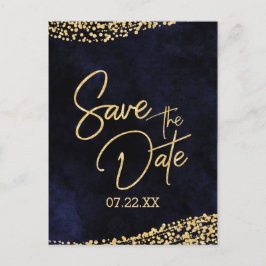 Navy Blauwe Waterverf & Gouden Bruiloft Save the D Aankondigingskaart