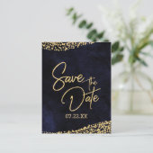 Navy Blauwe Waterverf & Gouden Bruiloft Save the D Aankondigingskaart (Staand voorkant)