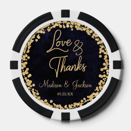 Navy Blauwe Waterverf & Gouden Glam Bruiloft Dank Poker Chips (Voorkant)