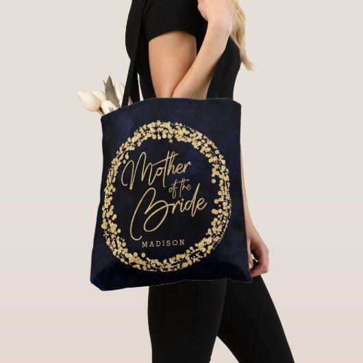 Navy Blauwe Waterverf & Gouden Moeder van de Bruid Tote Bag (Dichtbij)