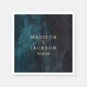 Navy Blauwe Waterverf & Gouden Monogram Bruiloft Servetten (Voorkant)