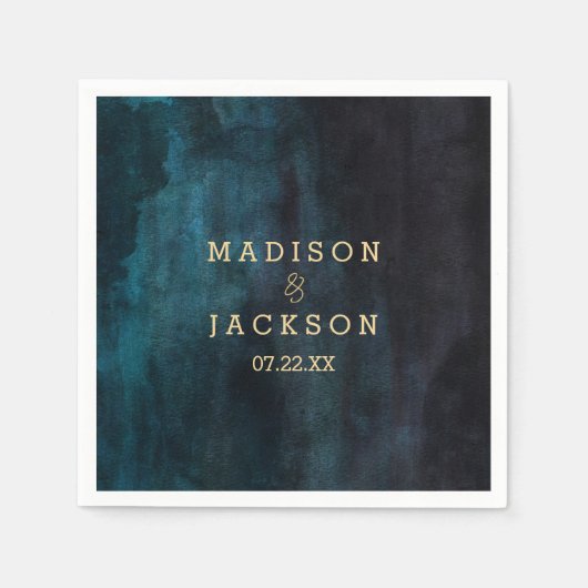 Navy Blauwe Waterverf & Gouden Monogram Bruiloft Servetten (Voorkant)