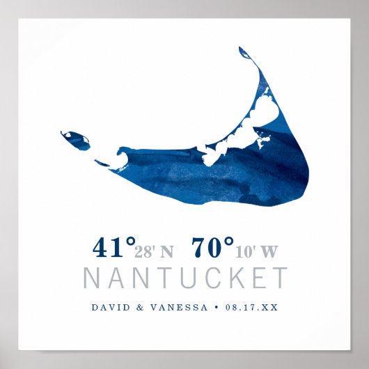 Navy Blauwe Waterverf Nantucket Kaart Coördinaten Poster (Voorkant)