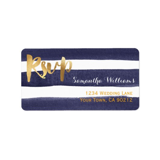Navy Blauwe Waterverf Strepen Gouden Bruiloft RSVP Etiket (Voorkant)