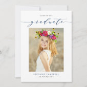 Navy Blauwe Whimsical Script Foto Afstudeercadeau Aankondiging (Voorkant)