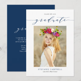 Navy Blauwe Whimsical Script Foto Afstudeercadeau Aankondiging