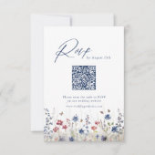 Navy Blauwe Wilde Bloem Rustieke Trouw QR-code RSVP Kaartje (Voorkant)
