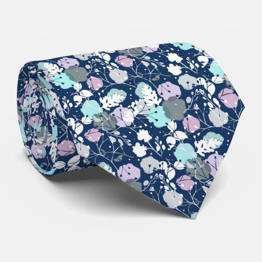 Navy Blauwe Winterbladeren Stropdas (Opgerold)