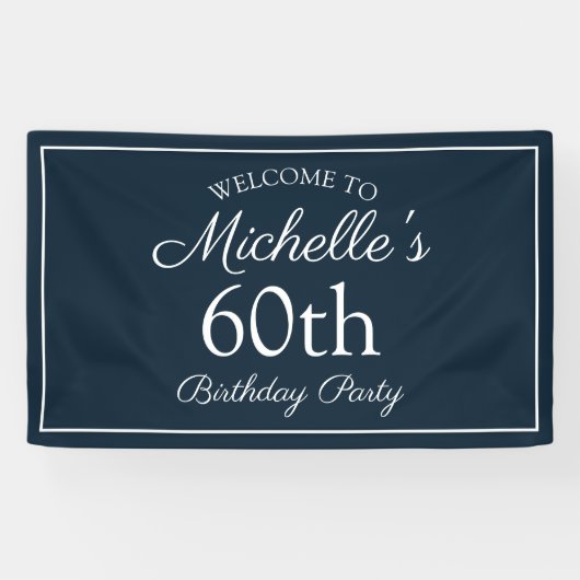 Navy Blauwe Witte 60e Verjaardagsfeestje Spandoek (Horizontaal)