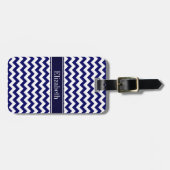 Navy Blauwe Witte Chevron Navy Naam Monogram Bagagelabel (Voorkant horizontaal)