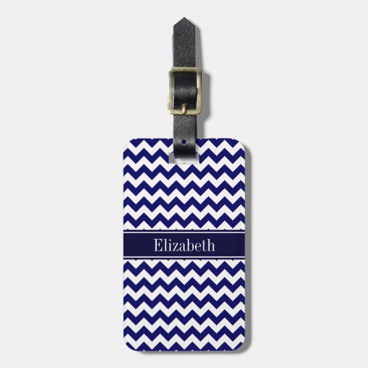 Navy Blauwe Witte Chevron Navy Naam Monogram Bagagelabel (Voorkant verticaal)