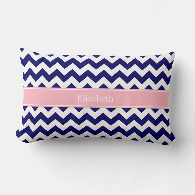Navy Blauwe Witte Chevron Zig Zag Roze Naam Initia Kussen (Voorkant)