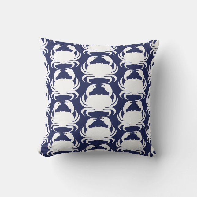 Navy Blauwe Witte Krab Patroon Zeevaart Boot Zwemb Kussen (Voorkant)